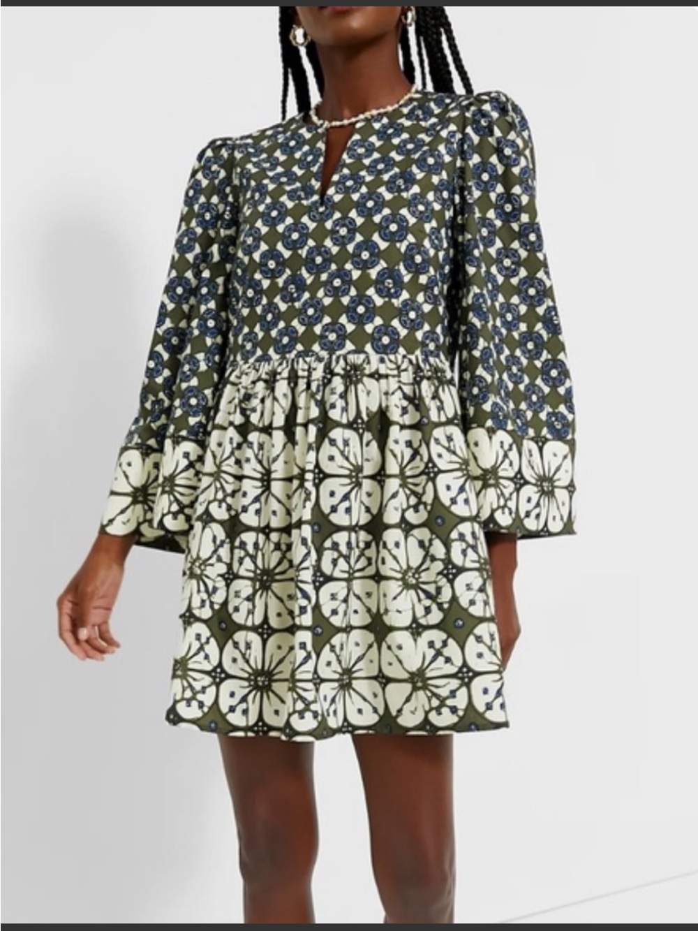 Tuckernuck Olive and Cream Floral Tiered Long-Sleeve Mini Dress